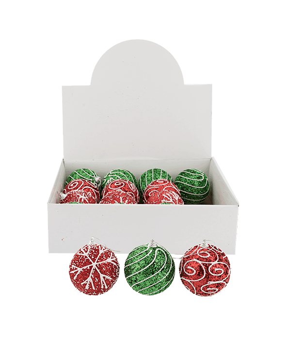 Palla di Natale polistirolo glitter rosso-verde 3 decori assortiti d.8 cm