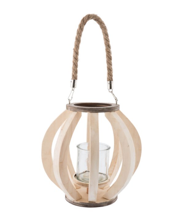 *Lanterna legno naturale/portacandela vetro d.13 h.22 cm*