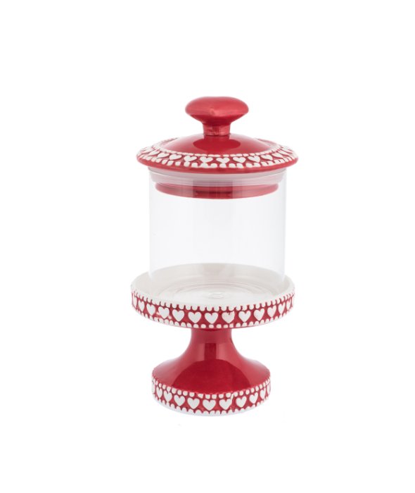 *Barattolo vetro c/alzatina in ceramica rossa h.23 cm