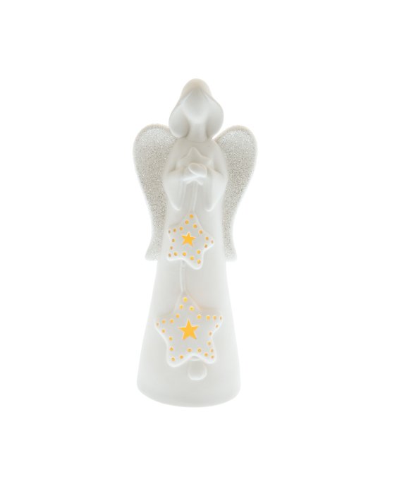 Angelo ceramica bianca con ali glitter c/luce 8×21 cm